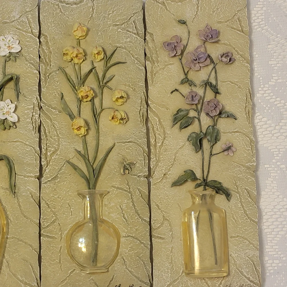 Vintage Cheri Blum Signed 3D Floral Wall Art Plaques Set of 4 Raised Flowers